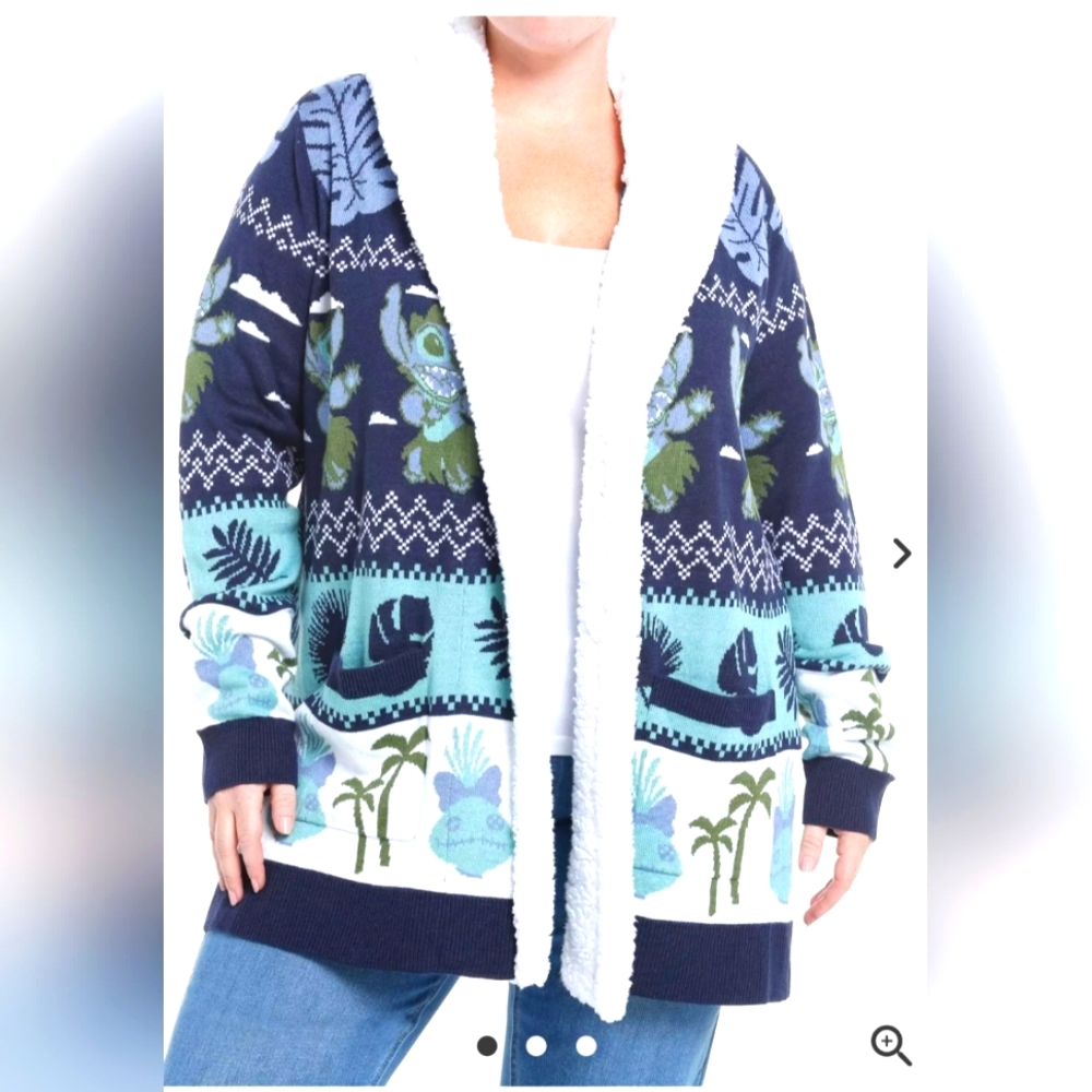 NWT Disney Stitch Fair Isle Sherpa Girls Open Cardigan Size Medium
